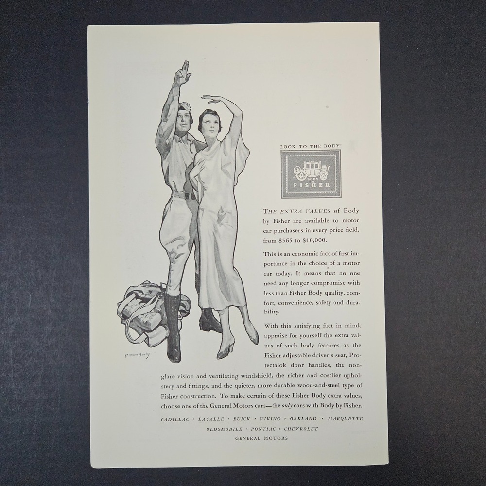1930 Body By Fisher General Motors Skydiver Parachutist Soldier Vintage Print Ad